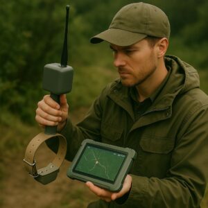 A researcher tracking wildlife using GPS technology in a natural habitat.