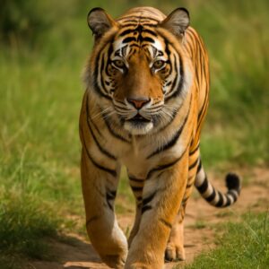 A Bengal tiger walking directly toward the camera across a grassy path
