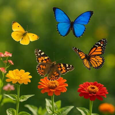 Colorful butterflies fluttering over blooming flowers in a sunlit garden.