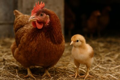 A mother hen standing beside her fluffy yellow chick on straw in a barn setting