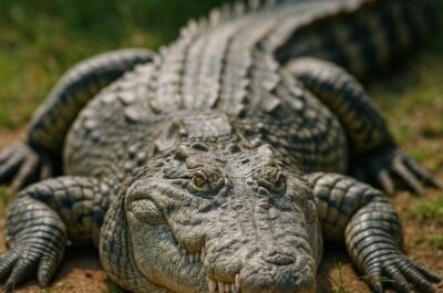 A large crocodile resting on sunlit ground with its head facing forward and body stretched out behind.