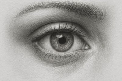 A detailed pencil drawing of a human eye with intricate shading and highlights.