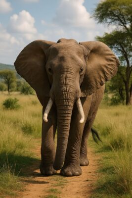 An adult African elephant standing in a grassy savanna with trees and a blue sky in the background