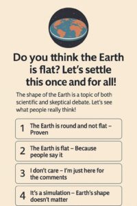 A stylized infographic polling viewers on whether they believe the Earth is flat, featuring four humorous and serious response options below an illustration of a flat Earth.