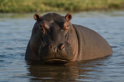 A close-up of a hippopotamus in water, showing its head and upper body above the surface with green vegetation in the background.