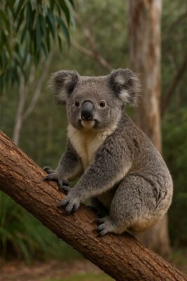 A koala perched on a eucalyptus tree branch in its natural forest habitat