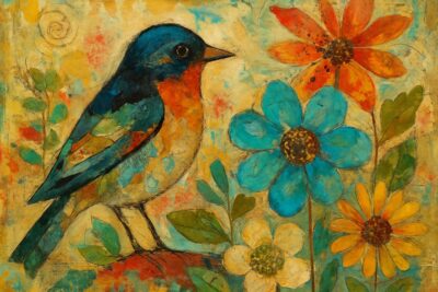 Colorful mixed media collage featuring a bird and floral elements.