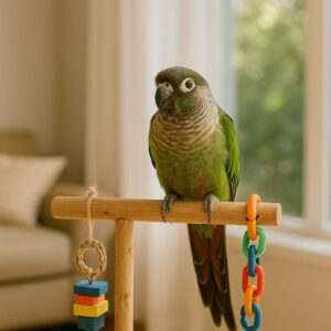 Beginner-friendly pet parrot perched on a play stand inside a sunlit room