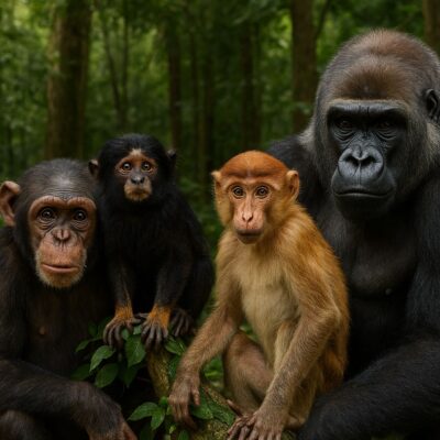 Four different primates chimpanzee, marmoset, proboscis monkey, and gorilla sitting in a lush green forest