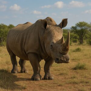 A white rhinoceros standing in a sunlit savanna with trees in the background