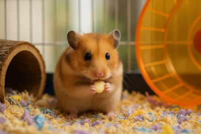 Cute pet hamster nibbling food while sitting in a small habitat with colorful bedding