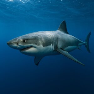 A great white shark swimming in deep blue ocean water with sunlight filtering from above
