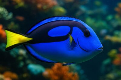 A vibrant Regal Blue Tang swimming through a colorful coral reef, displaying vivid blue and yellow patterns