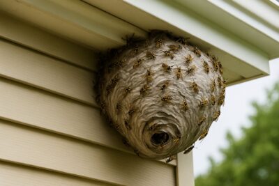 Large bee or wasp nest on the corner of a house with active yellowjackets swarming.