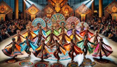 A group of diverse dancers performing on a vibrant stage.