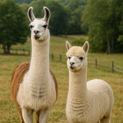 A llama and an alpaca standing side by side in a grassy field, showing size and coat differences