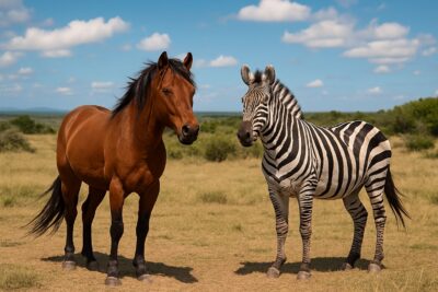 A wild horse and zebra standing side by side in a grassy savanna under a blue sky