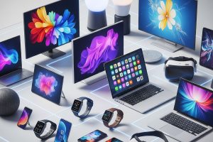 A diverse collection of modern consumer electronics, including smartphones, smartwatches, televisions, laptops, smart home devices, and VR headsets, arranged on a clean, futuristic surface with subtle glowing lines.