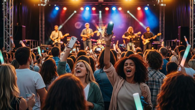 Diverse crowd enjoying a lively outdoor music festival with a band performing on a brightly lit stage at sunset.