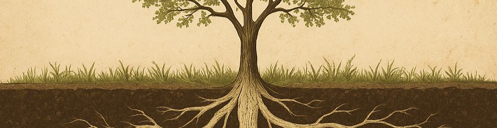 Digitale illustratie van een boom met zichtbare wortels onder de grond, symboliseert fundament en groei van authentieke kennis via Vero Root.