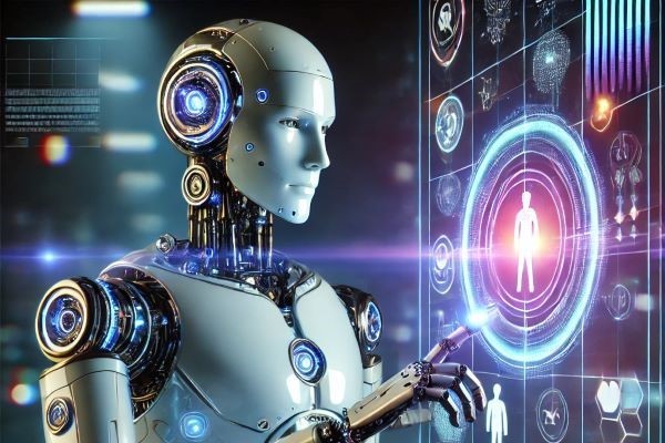 A robot interacting with a digital interface.|A depiction of Artificial Intelligence in 2525, highlighting technology’s impact on society.