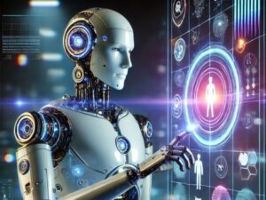 A robot interacting with a digital interface.|A depiction of Artificial Intelligence in 2525, highlighting technology’s impact on society.