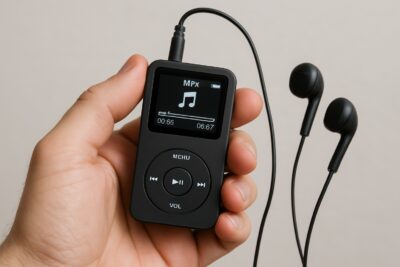 Image of a hand holding a compact MP3 player with headphones connected.
