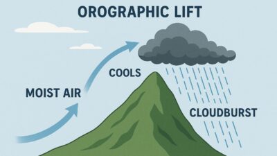 Diagram showing orographic lift, where moist air rises up a mountain slope, cools, and forms a dark cumulonimbus cloud, which can lead to a cloudburst.