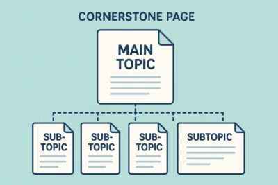 Illustration showing a structured cornerstone page with main topic and linked subtopics.
