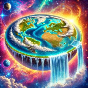 Artistic depiction of a flat Earth with oceans and continents, surrounded by a celestial dome.