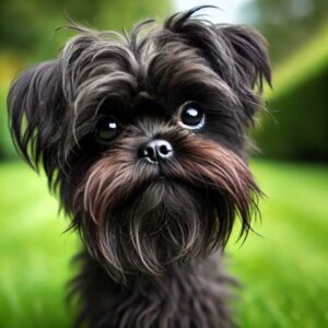 Affenpinscher dog standing in a grassy area, showcasing its unique "monkey-like" face and wiry coat.