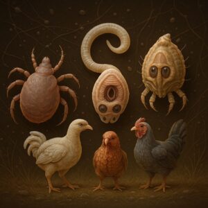 Highly detailed digital illustration of four parasites,tick, nematode, tapeworm, and louse,highlighted with texture on a dark background.